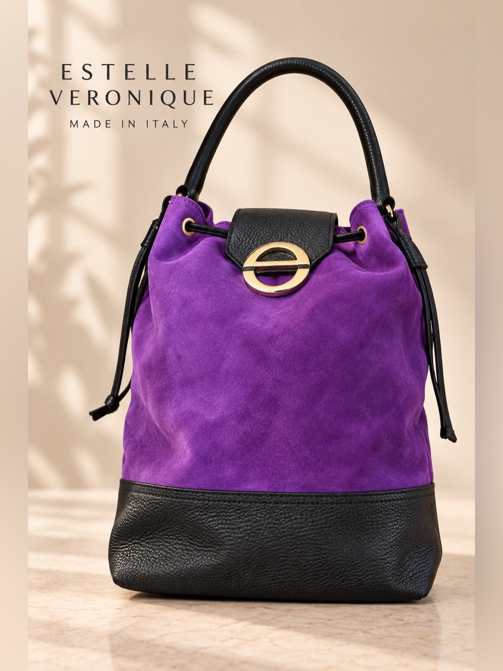 Estelle Veronique Purple Suede Black Leather Bucket Bag NWT